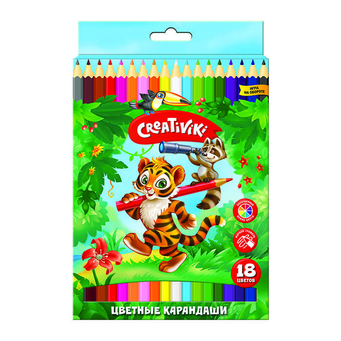 Карандаши цветные 18цв 6-гран. дерево карт.уп. CREATIVIKI КЦ18КР