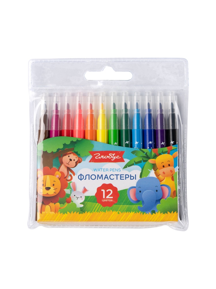 Фломастеры 12цв круглые mini смываемые вентколпачок ПВХ-упаковка европодвес Глобус Ф12-01 88₽