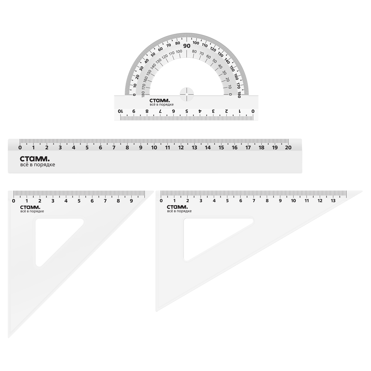 Набор геом 4пр средний линейка 20см угольник 2шт транспортир прозрачный СТАММ НЧ-30525 122₽