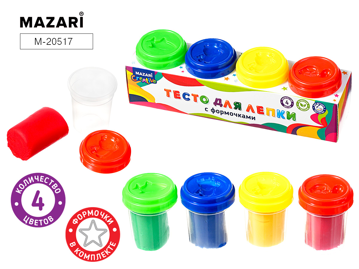 Тесто для лепки 4цв 60г формочки 4шт MAZARI M-20517 170₽