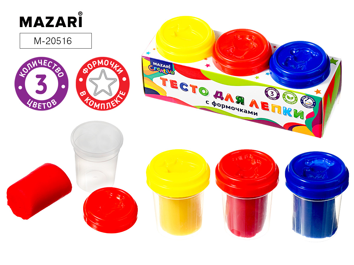 Тесто для лепки 3цв 180г формочки 3шт картуп MAZARI M-20516 129₽