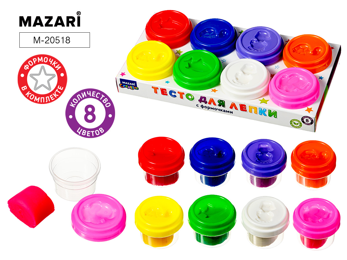 Тесто для лепки 8цв 480г формочки 8шт картуп MAZARI M-20518 219₽