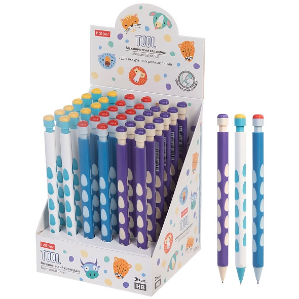 Карандаш автомат 09мм HB Tool трехгранный ассорти HATBER MP_090443 45₽