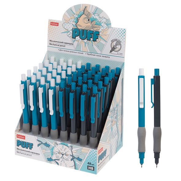 Карандаш автомат 07мм HB Puff резиндерж ассорти HATBER MP_090440 45₽
