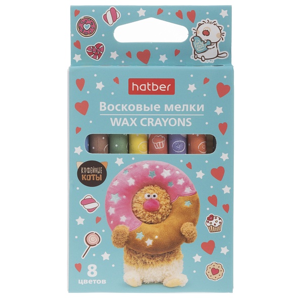 Карандаши восковые 8цв круглые d-9мм картуп Кофейные коты HATBER CR_092083 46₽