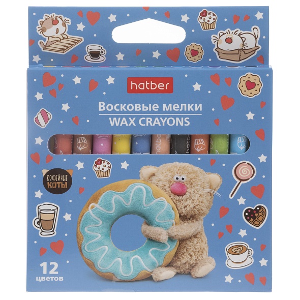 Карандаши восковые 12цв круглые d-9мм картуп Кофейные коты HATBER CR_092084 63₽