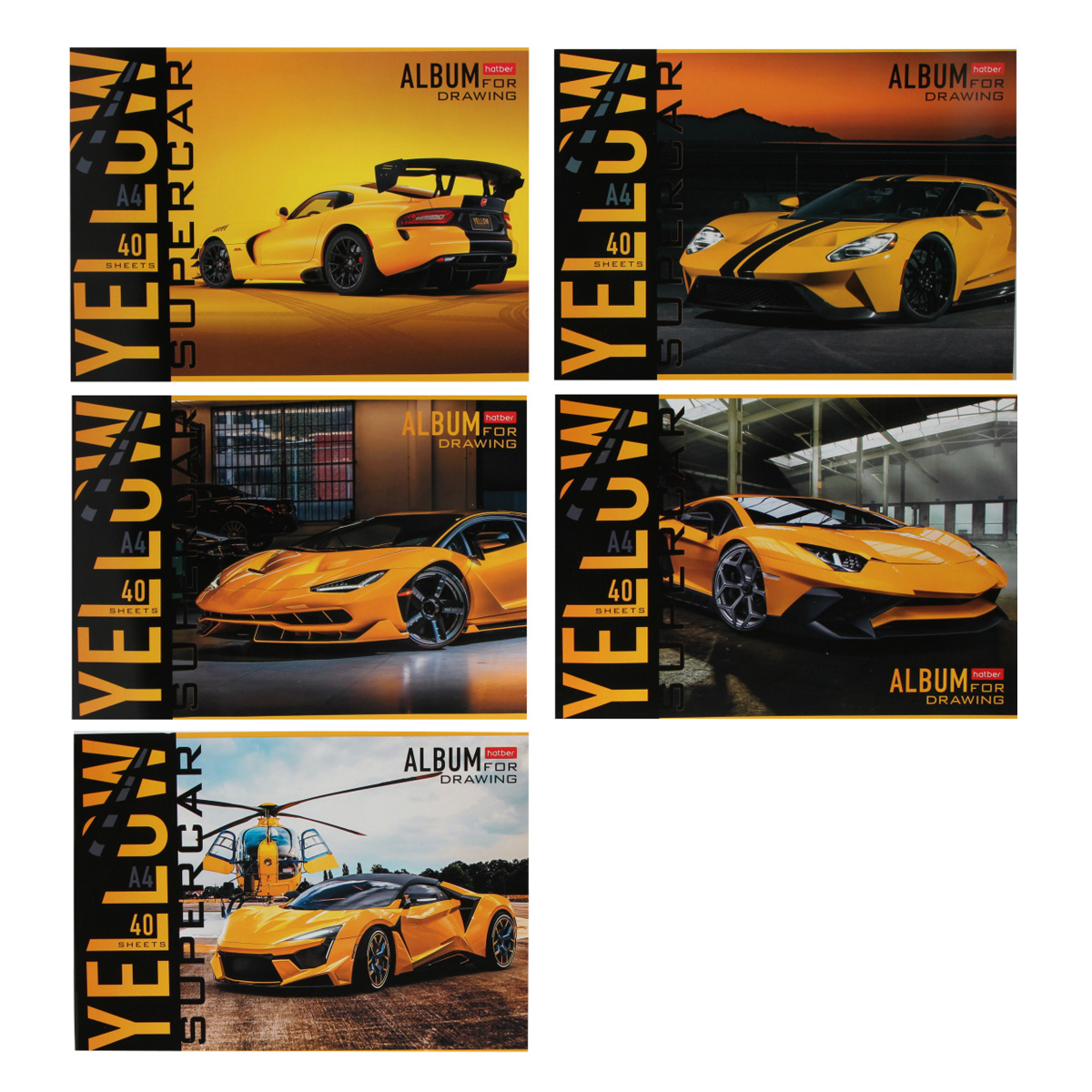 Альбом для рисования А4 40л скрепка меловкартон YELLOWsupercar ассорти 100гм2 HATBER 40А4В муж 84₽