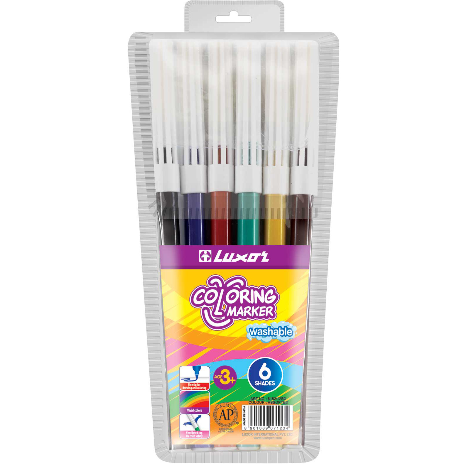 Фломастеры 6цв круглые смываемые конич вентколпачок блистер Coloroing LUXOR 61016WT 95₽