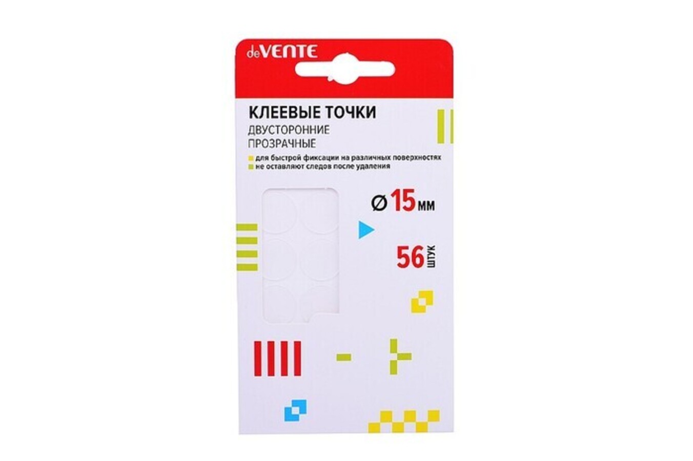 Скотч двухсторонний клеевые точки прозрачные d-15мм 56шт 2 листа в блистере deVENTE 4163300 86₽