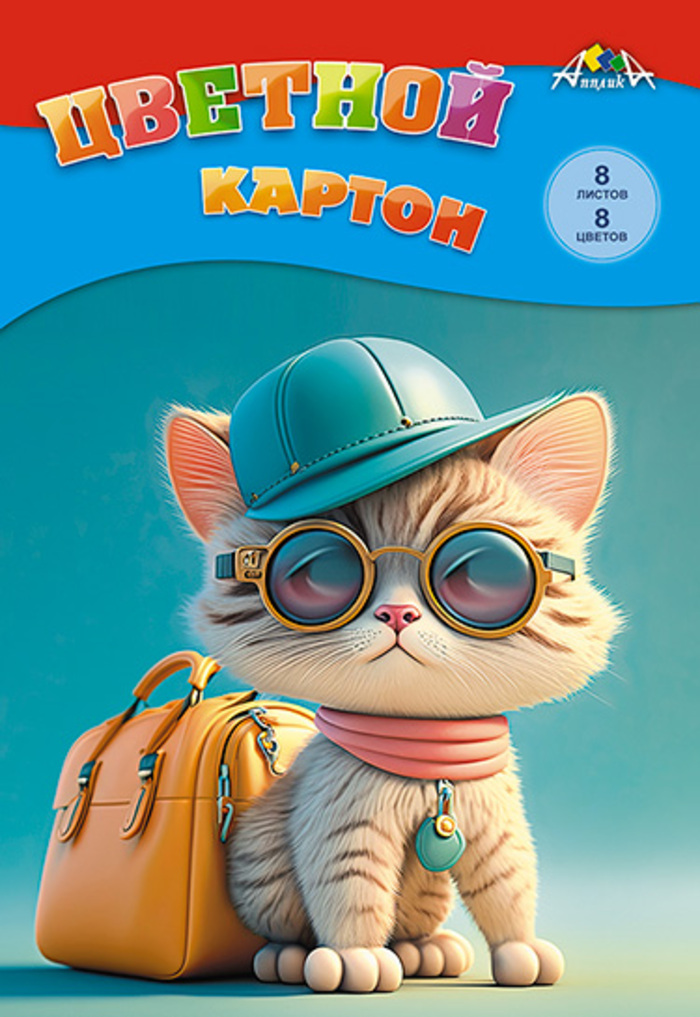 

Картон цветной А4 8л 8цв немелованный Крутой котенок 200г/м2 в папке АППЛИКА С0003-54