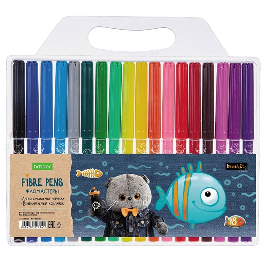 

Фломастеры 18цв круглые смываемые вент.колпачок блистер Кот Басик HATBER FP_081059