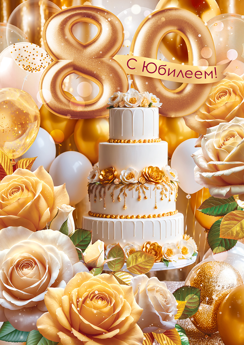 

9.0000481 Открытка А4 С Юбилеем! 80 лет (жен) С текстом Цветные блестки в лаке